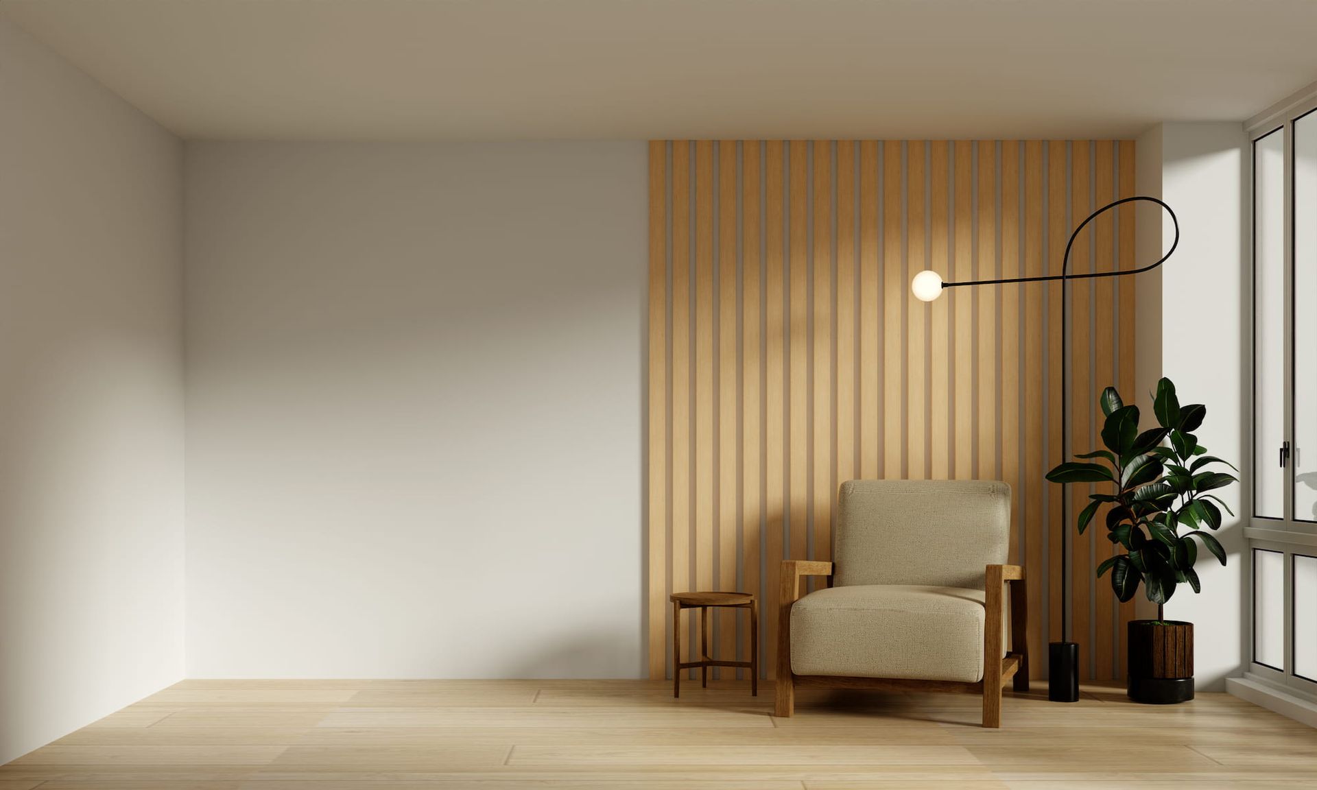 Minimalistischer Innenausbau mit Wandverkleidung und Sessel